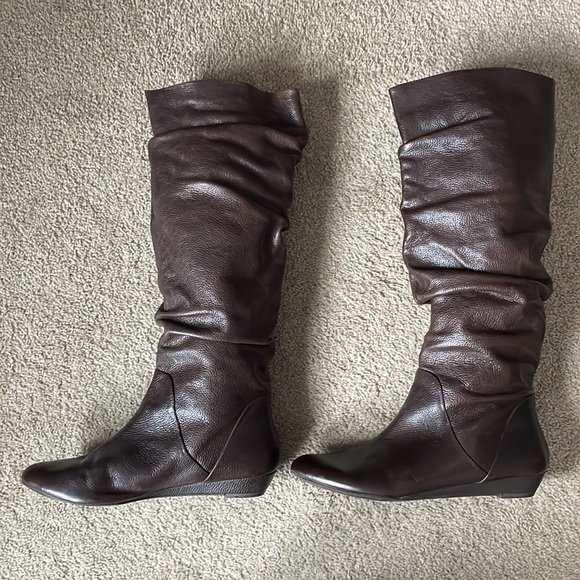 Gianni Bini Knee High Wedge Heel Boots Brown Leather - Picture 5 of 10